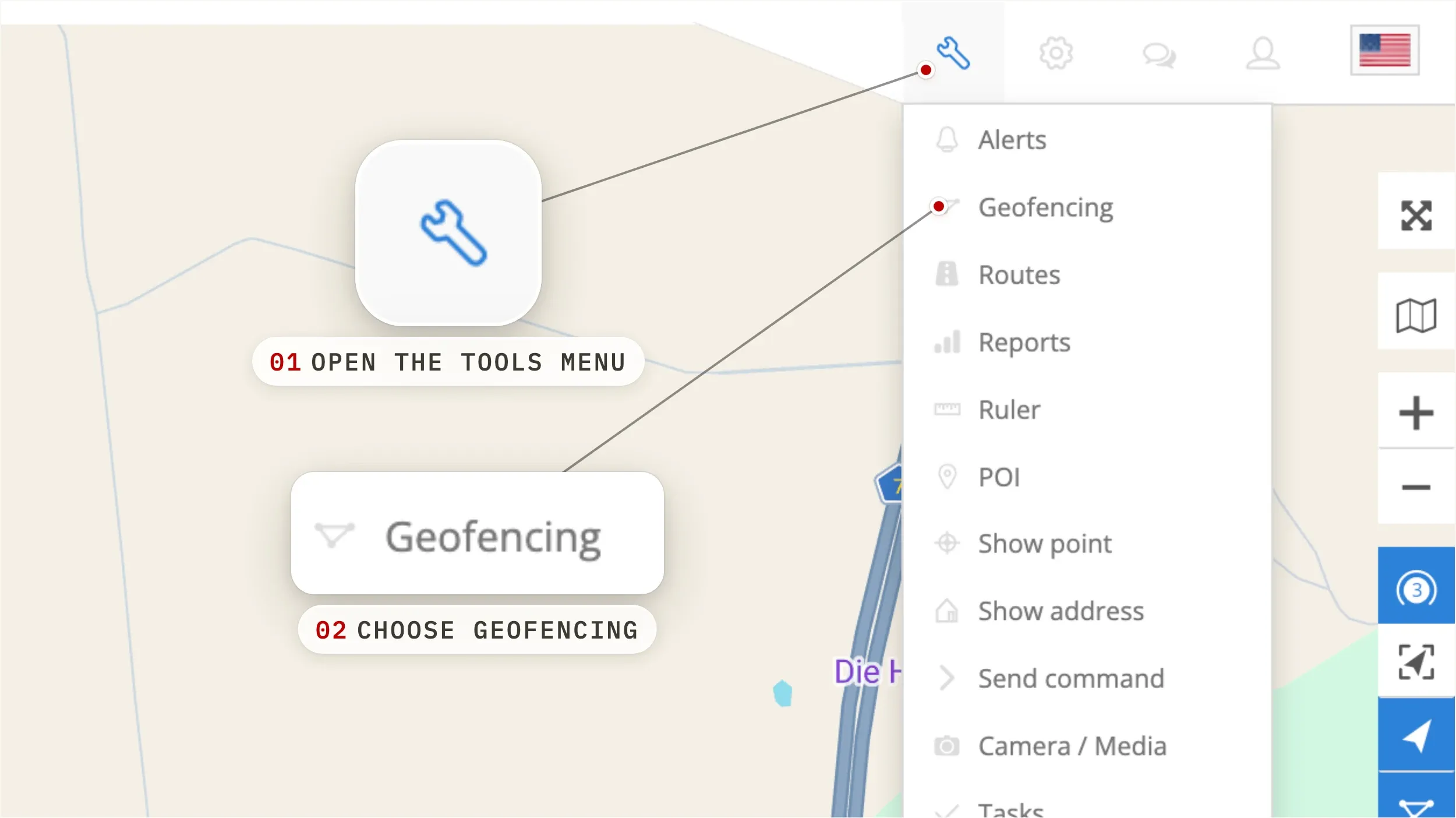 Open Geofencing from the Tools menu — step 1
