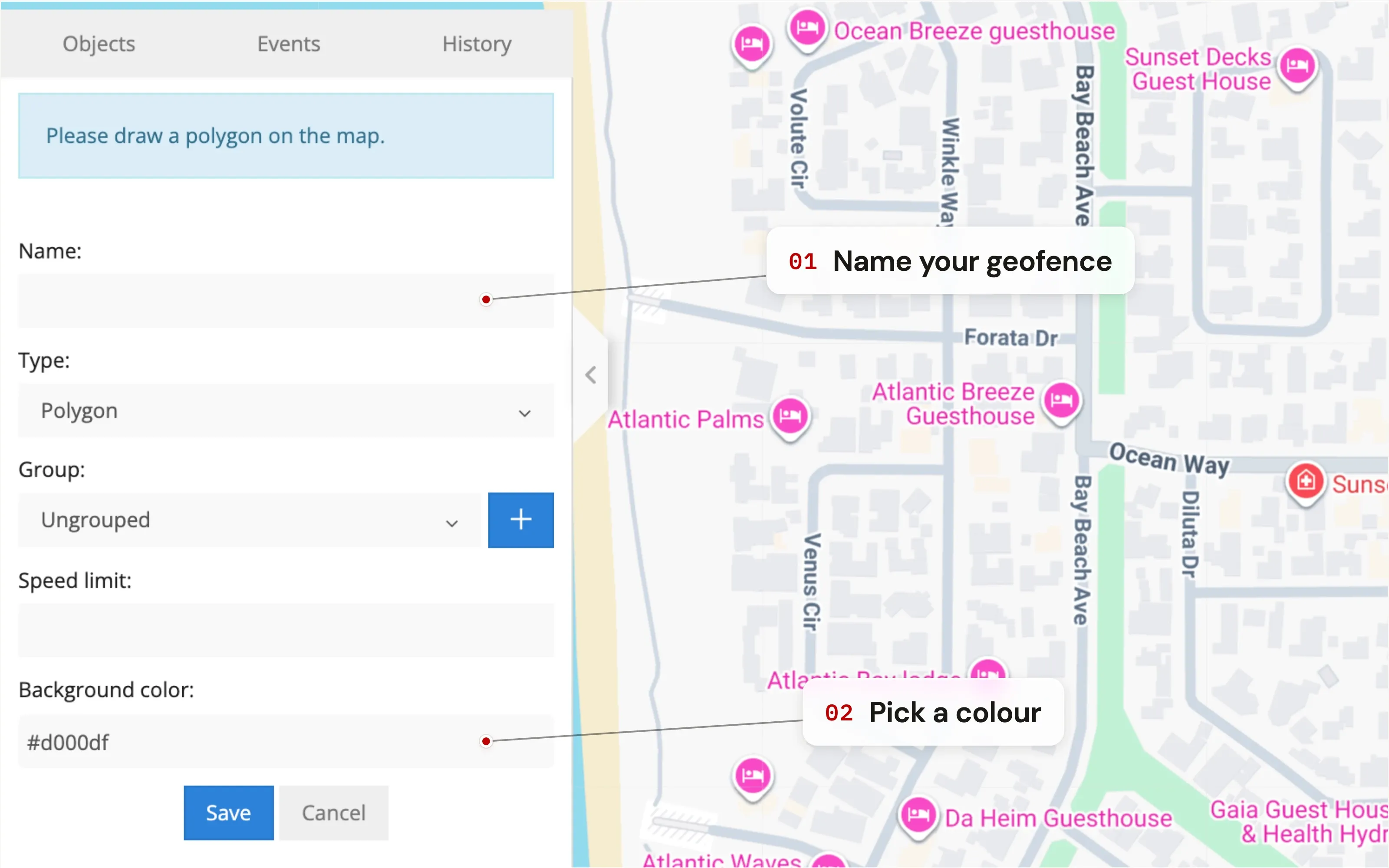 Name your geofence and pick a colour — step 3