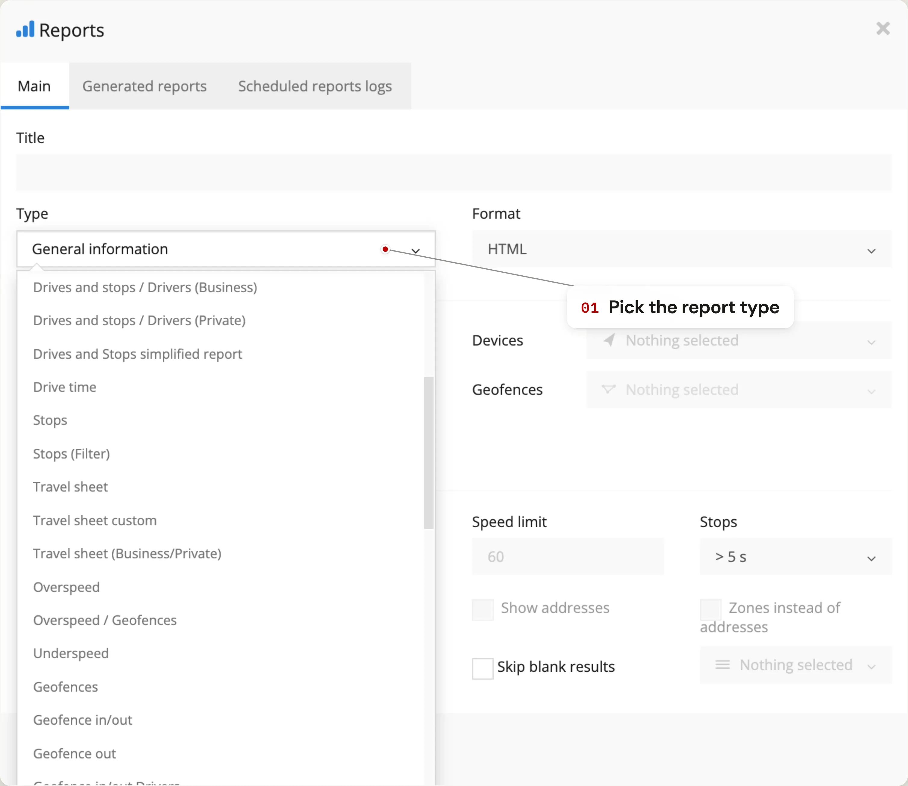 Pick the report type — step 3